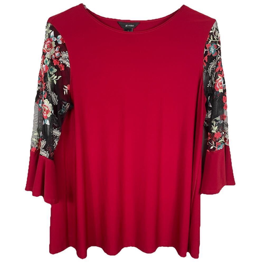 Ali Miles Tunic Top Size Large Red Embroidered Sheer Sleeve Boho Party Career
